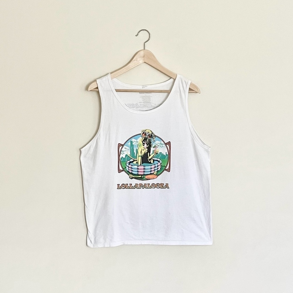Lollapalooza 2018 Dog In Pool Graphic White Concert Tank Top Adult size Large